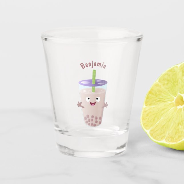 Cute happy bubble tea boba cartoon character shot glass (Front)