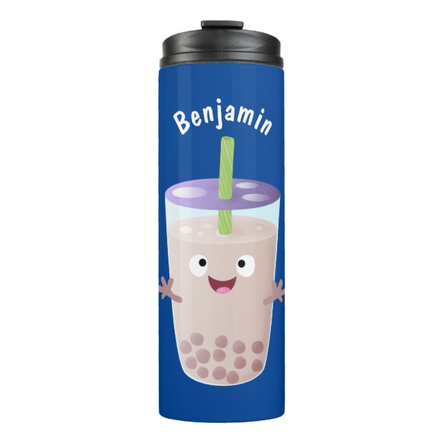 Cute happy bubble tea boba cartoon character thermal tumbler (Front)