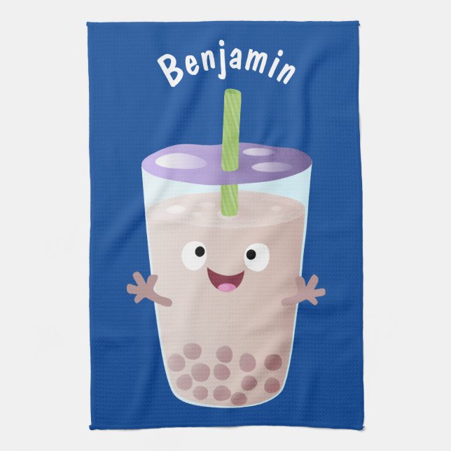 Cute happy bubble tea boba cartoon character towel (Vertical)