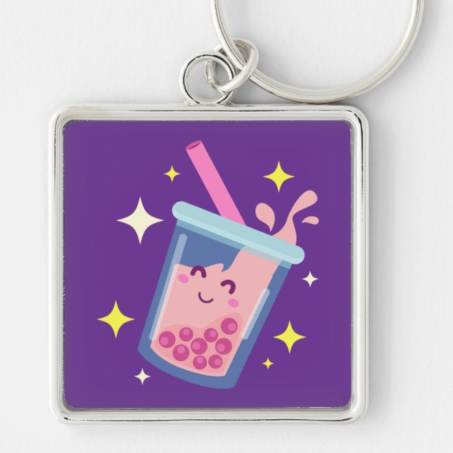 Cute Happy Bubble Tea Design  Key Ring (Front)