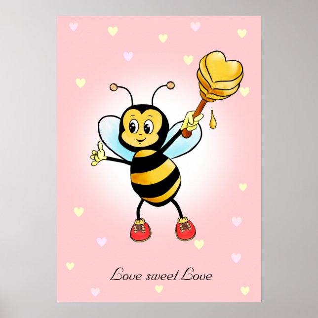 Cute Happy Bumble Bee & Honeycomb on Pink Poster (Front)