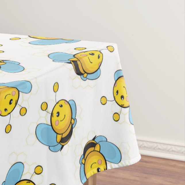Cute happy bumble bee pattern white tablecloth (In Situ)