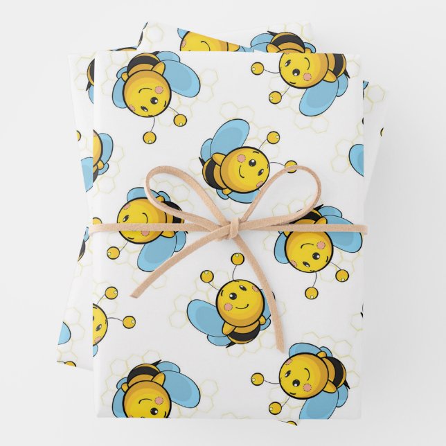 Cute happy bumble bee pattern white wrapping paper sheet (In situ)