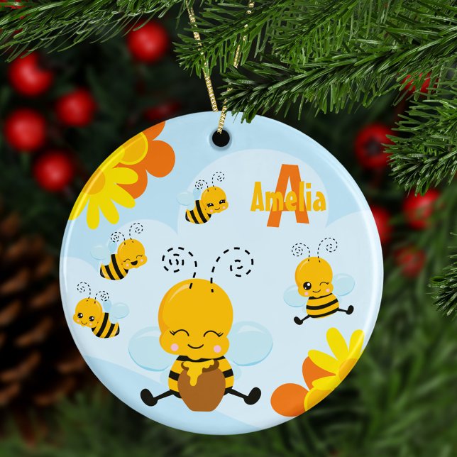 Cute Happy Bumble Bee with Flowers Kid Christmas Ceramic Ornament (Creator Uploaded)