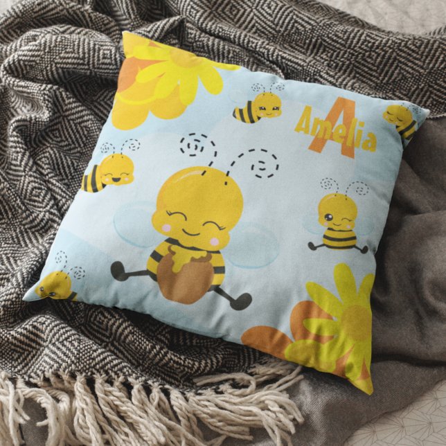 Cute Happy Bumble Bee with Flowers Little Kid Cushion (Creator Uploaded)