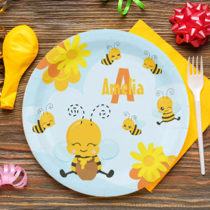 Cute Happy Bumble Bee with Flowers Little Kid Paper Plate
