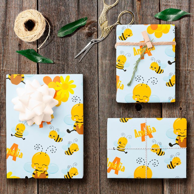 Cute Happy Bumble Bee with Flowers Little Kid Wrapping Paper Sheet (Creator Uploaded)