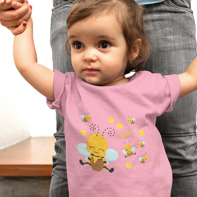 Cute Happy Bumble Bee with Flowers Pink Toddler T-Shirt (Your little girl will look adorable in this custom bee shirt! It's also available as a bodysuit.)