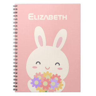 Cute Happy Bunny and Flowers Pink Notebook