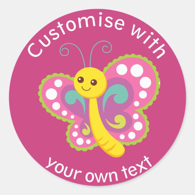 Cute Happy Butterfly Custom Pink Custom Text Classic Round Sticker (Front)