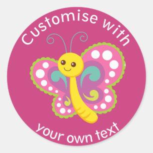 Cute Happy Butterfly Custom Pink Custom Text Classic Round Sticker