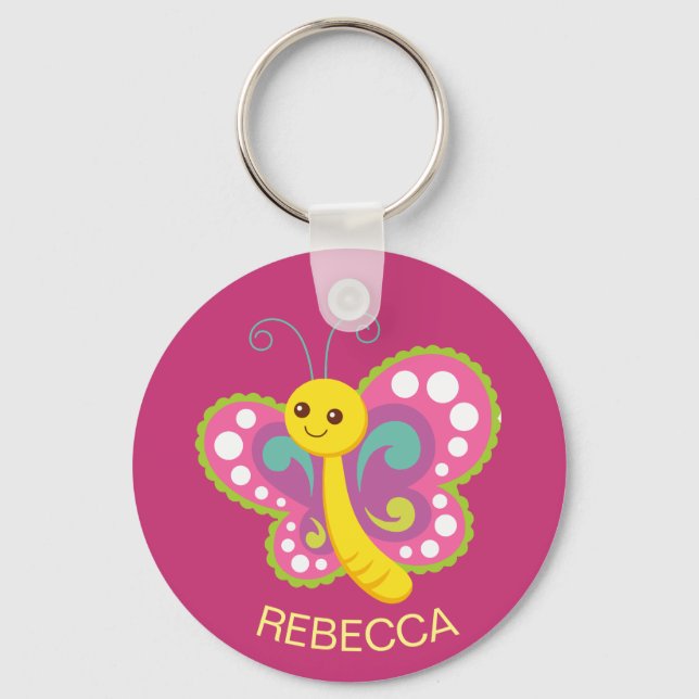 Cute Happy Butterfly Custom Pink Personalised Key Ring (Front)