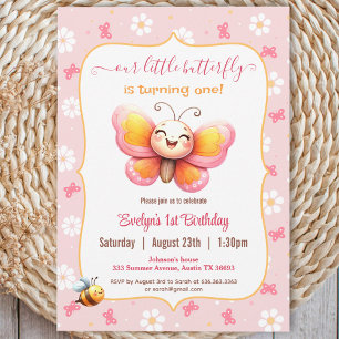 Cute Happy Butterfly Pink Floral Girl 1st Birthday Invitation