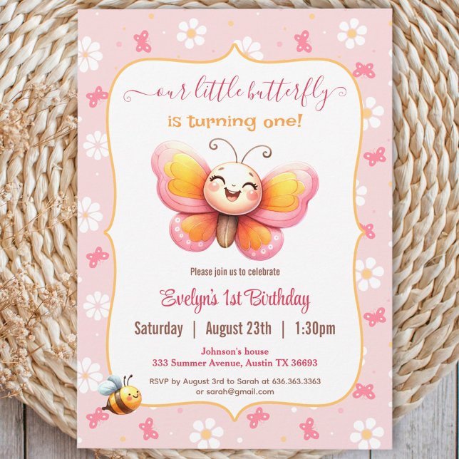 Cute Happy Butterfly Pink Floral Girl 1st Birthday Invitation (Cute Happy Butterfly Pink Floral Girl 1st Birthday Invitation)