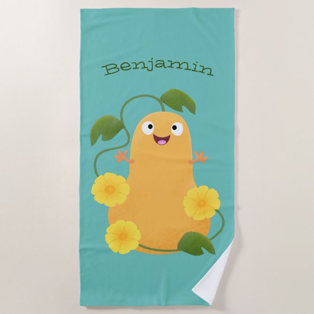 Cute happy butternut pumpkin gourd cartoon beach towel (Front)