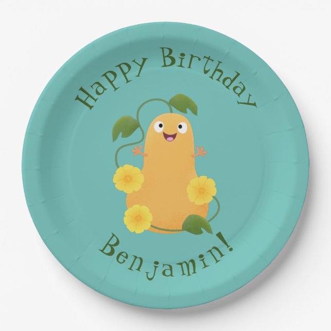Cute happy butternut pumpkin gourd cartoon paper plate (Front)