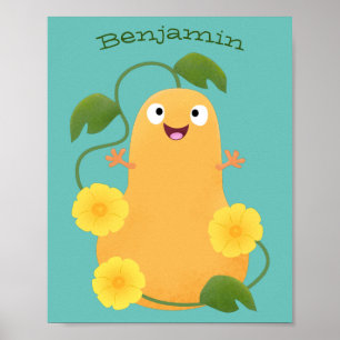 Cute happy butternut pumpkin gourd cartoon poster