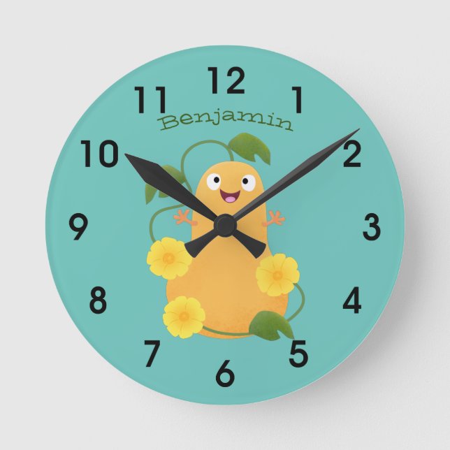 Cute happy butternut pumpkin gourd cartoon round clock (Front)