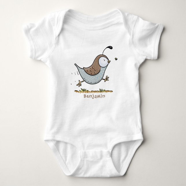 Cute happy californian quail cartoon illustration baby bodysuit (Front)