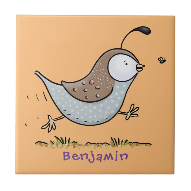 Cute happy californian quail cartoon illustration ceramic tile (Front)
