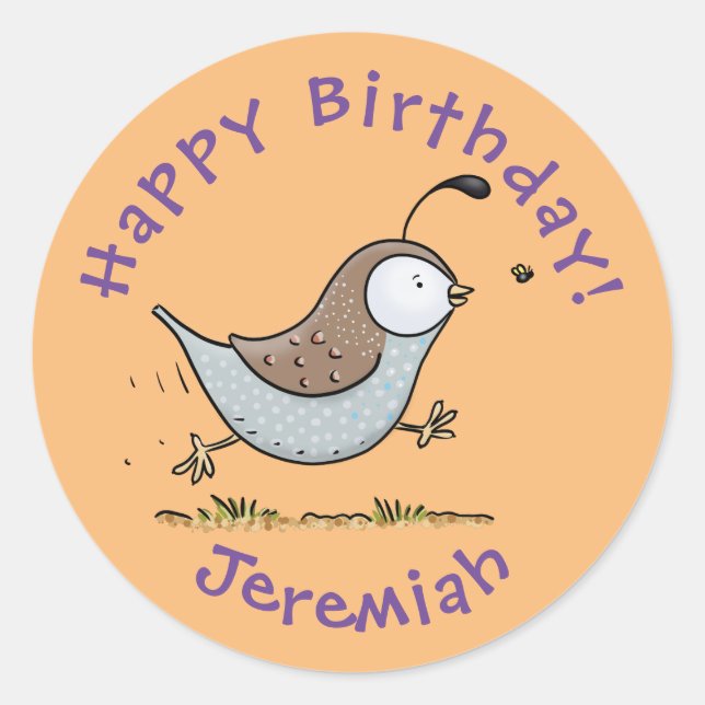 Cute happy californian quail cartoon illustration classic round sticker (Front)