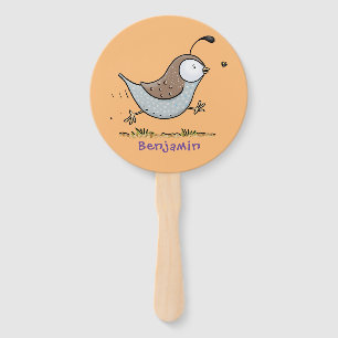 Cute happy californian quail cartoon illustration hand fan