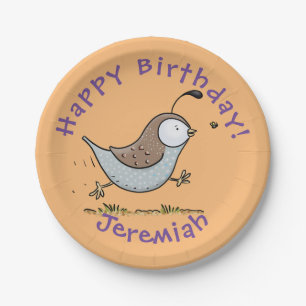 Cute happy californian quail cartoon illustration paper plate