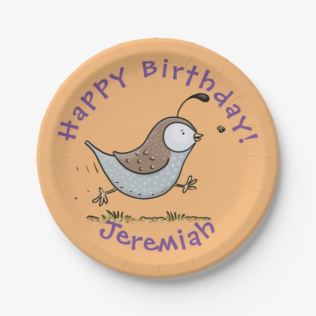 Cute happy californian quail cartoon illustration paper plate (Front)