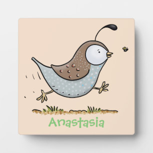 Cute happy californian quail cartoon illustration plaque