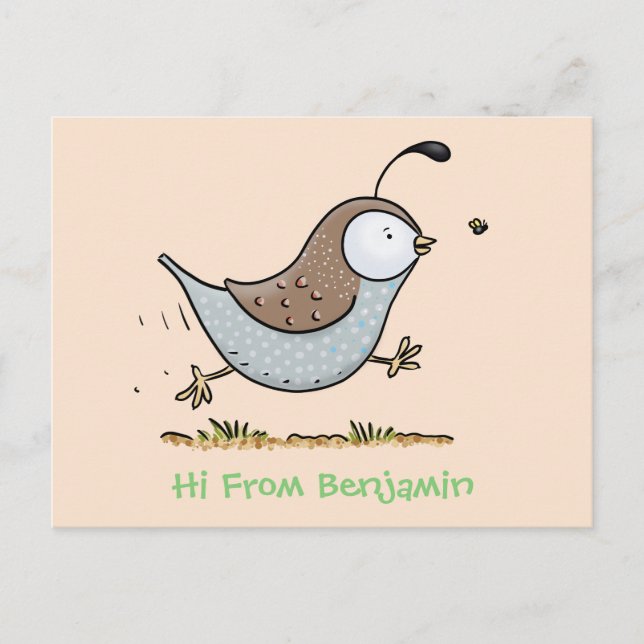 Cute happy californian quail cartoon illustration postcard (Front)