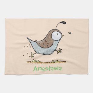 Cute happy californian quail cartoon illustration tea towel