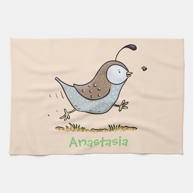 Cute happy californian quail cartoon illustration tea towel (Horizontal)