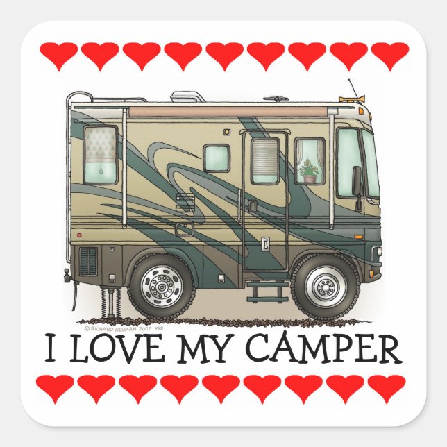 Cute Happy Camper Big RV Coach Motorhome Square Sticker (Front)