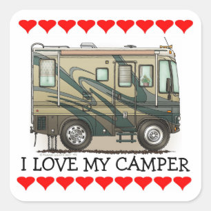 Cute Happy Camper Big RV Coach Motorhome Square Sticker