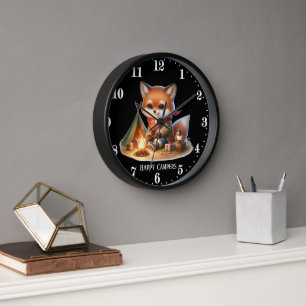 Cute happy camper fox add text clock