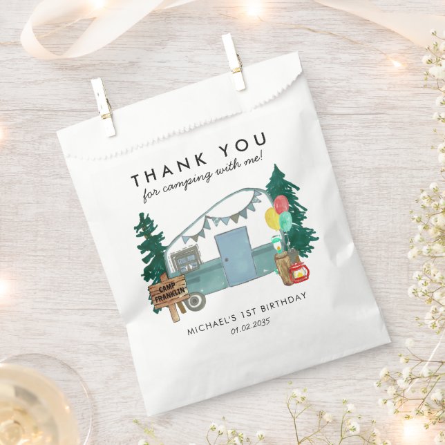 Cute Happy Camper Van Trees Camping 1st Birthday Favour Bag (Clipped)