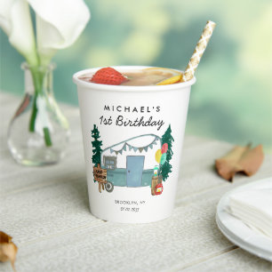 Cute Happy Camper Van Trees Camping 1st Birthday Paper Cups