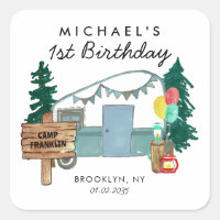 Cute Happy Camper Van Trees Camping Kids Birthday