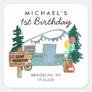 Cute Happy Camper Van Trees Camping Kids Birthday Square Sticker