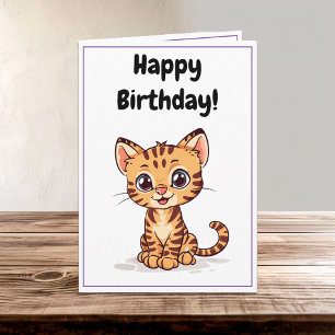 Cute Happy Cartoon Bengal Cat Kitten Birthday Card