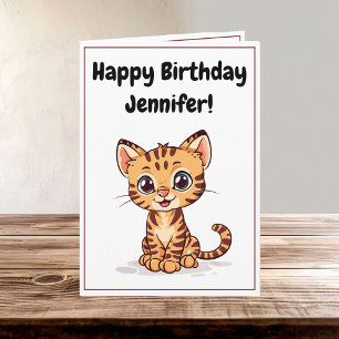 Cute Happy Cartoon Bengal Cat Kitten Name Birthday Card