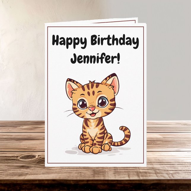 Cute Happy Cartoon Bengal Cat Kitten Name Birthday Card (Creator Uploaded)