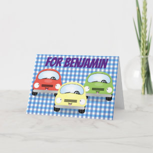 Cute happy cartoon cars blue check background card