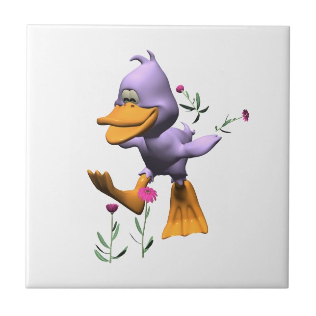 Cute Happy Cartoon Duck Running Through Flowers Ceramic Tile (Front)
