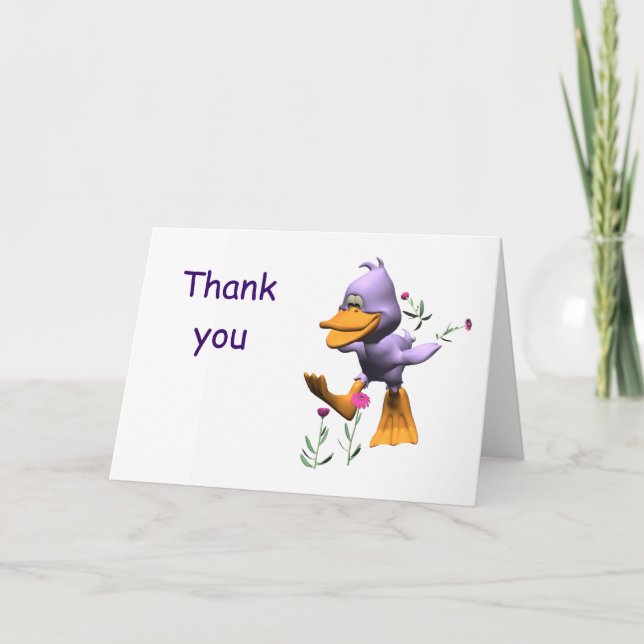 Cute Happy Cartoon Duck Running Through Flowers Thank You Card (Front)