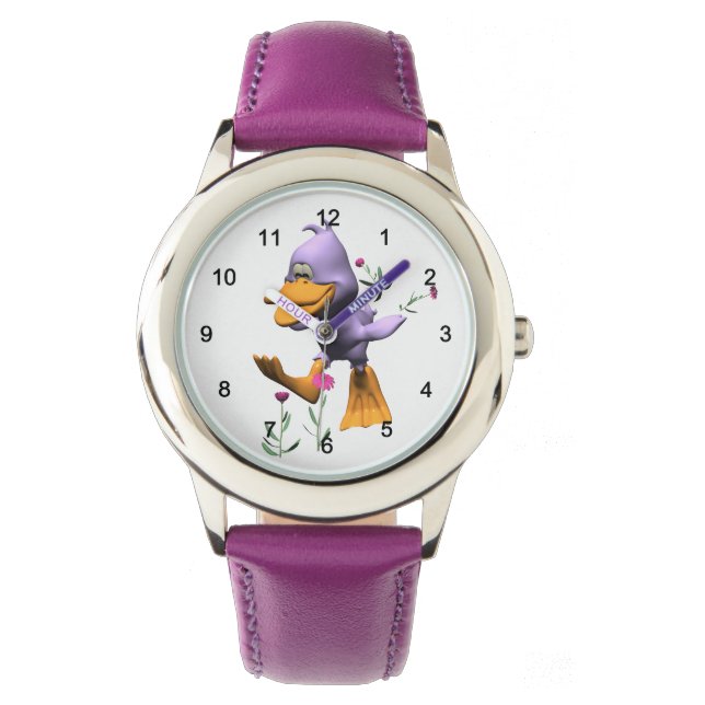 Cute Happy Cartoon Duck Running Through Flowers Watch (Front)