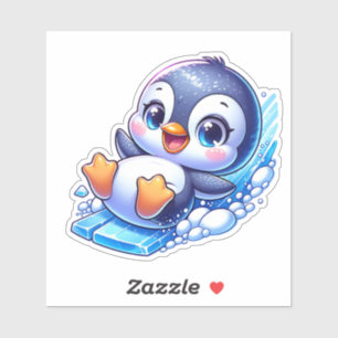 Cute Happy Cartoon Penguin Sliding on Ice