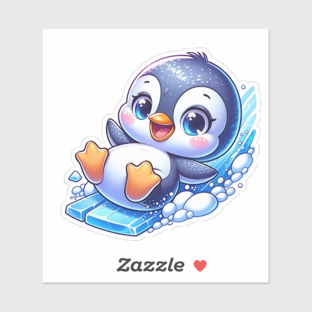 Cute Happy Cartoon Penguin Sliding on Ice (Sheet)