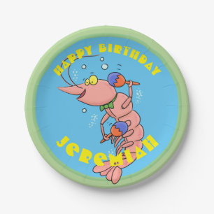 Cute happy cartoon prawn with maracas birthday paper plate