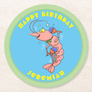 Cute happy cartoon prawn with maracas birthday round paper coaster